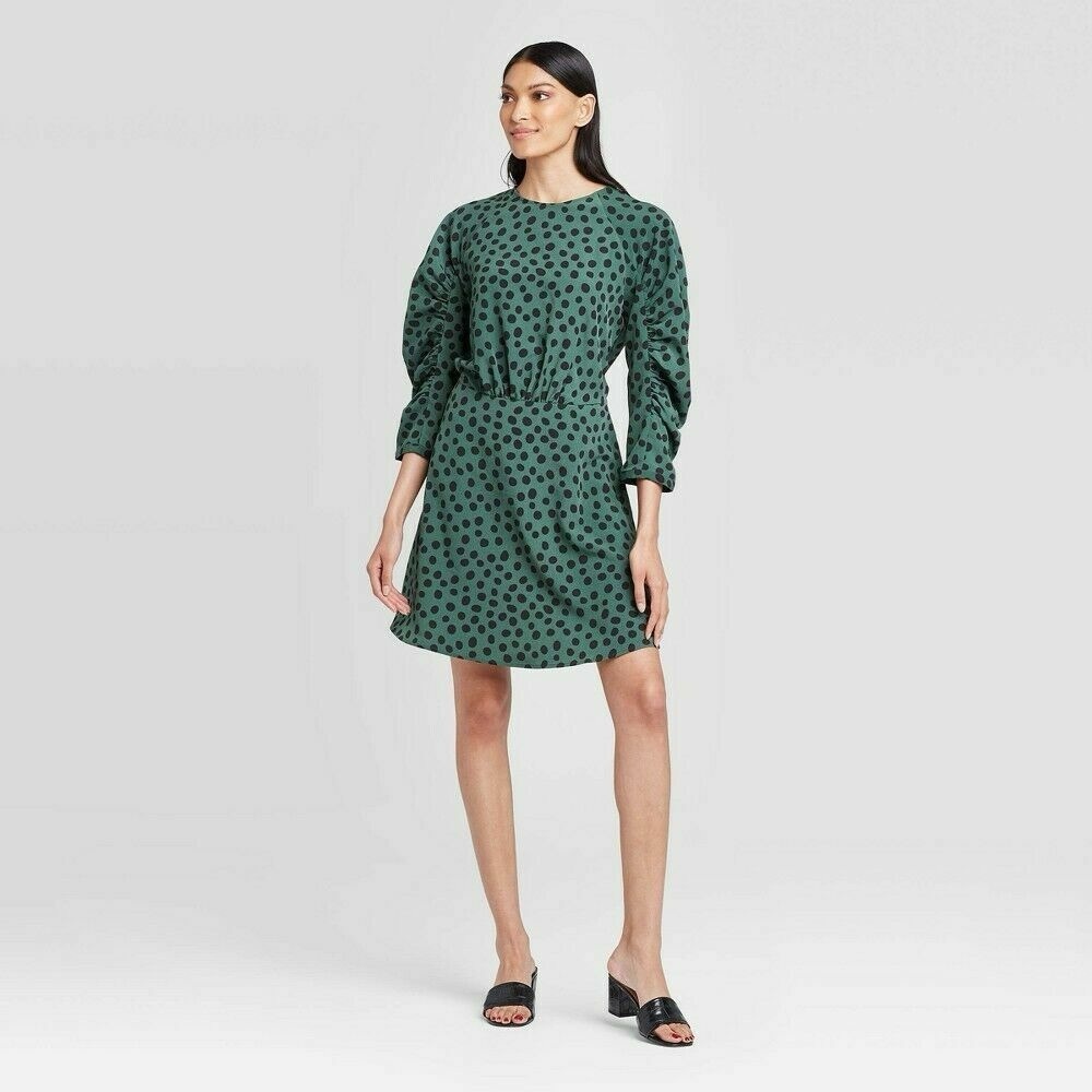 Who What Wear Green Polka Dot Long Sleeve Dress